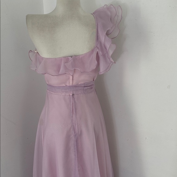 Vintage 70s Purple Ruffle One Shoulder Chiffon Maxi Dress Angelic Cottage Core - Picture 5 of 6